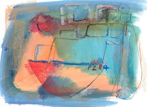 Boat in Blue Harbourwatercolour, ink & oil pastel20 x 27 cm